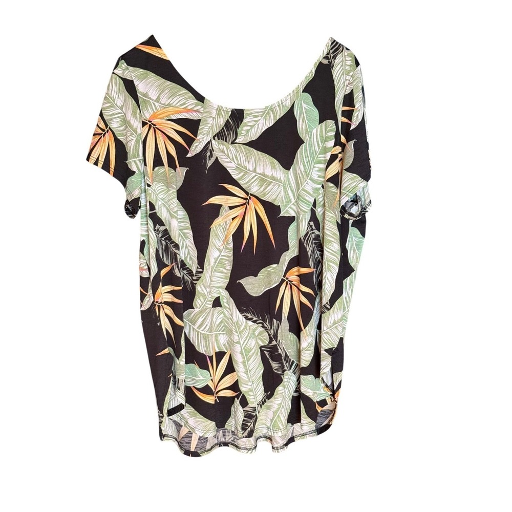 Womens Tropical Leaf Print Top Short Sleeve Scoop Neck Criss Cross Back Plus‎ Sz